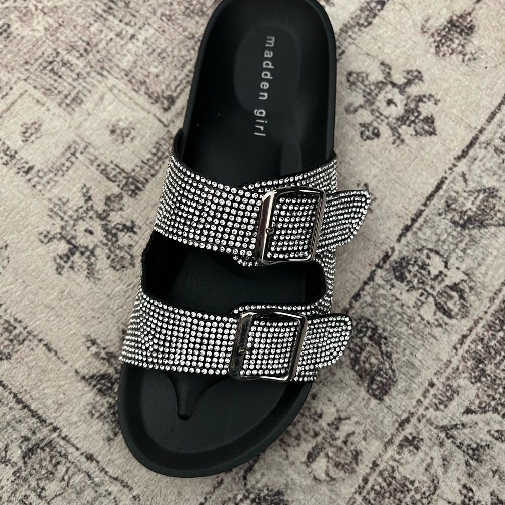 Madden Girl Black Rhinestone Double-Buckle Slide